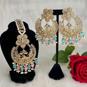 Floral Gold and Pastel Pink Earrings And Tikka Set
